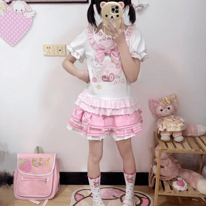 Japanese Style Fresh and Sweet Design Cute Fun Ancient Bow Ice Cream Cat Print Daughter Clothes Pink T-shirt for Girl Summer New
