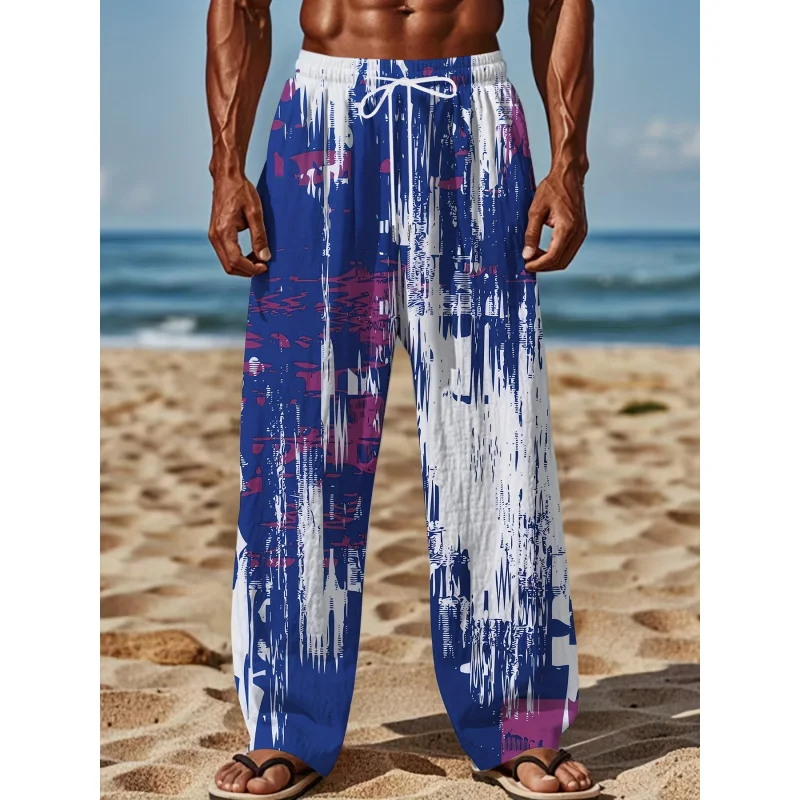 Pantalon rétro ample à jambes droites pour hommes, avec imprimé abstrait, décontracté, avec cordon de serrage, parfait pour les activités de plein air d'été, 2025