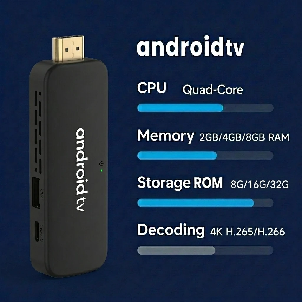 2026 WiFi5 Android 9 2GB+16GB Super Smart TV Box Quad Core 4K HDR/H265 OTT IPTV Android TV Stick  with BT Voice Control