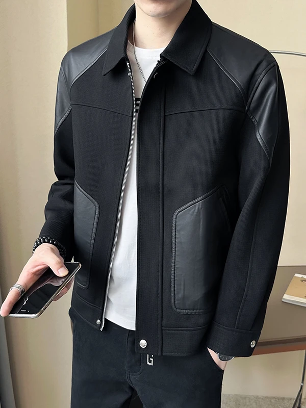 

Модная мужская куртка в стиле пэчворк из искусственной кожи, модная, высококачественная, осенне-зимняя, Новое поступление, повседневная одежда со стойкой...