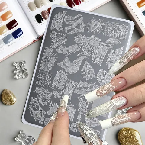 Nail Art Perforated Lace Transfer Printing Steel Plate Bow Knitted Mesh Nail Template Butterfly Cloth Lace Stamp Transfer Tool