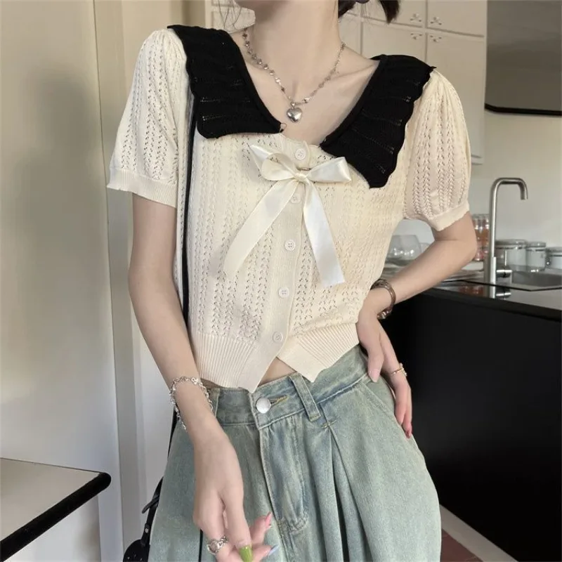 Ladies T Shirt Harajuku Cropped Elegant Women Fashion Clothing Summer Casual Street Trend Basis Tee Kawaii Bohemian Bow Y2k Top