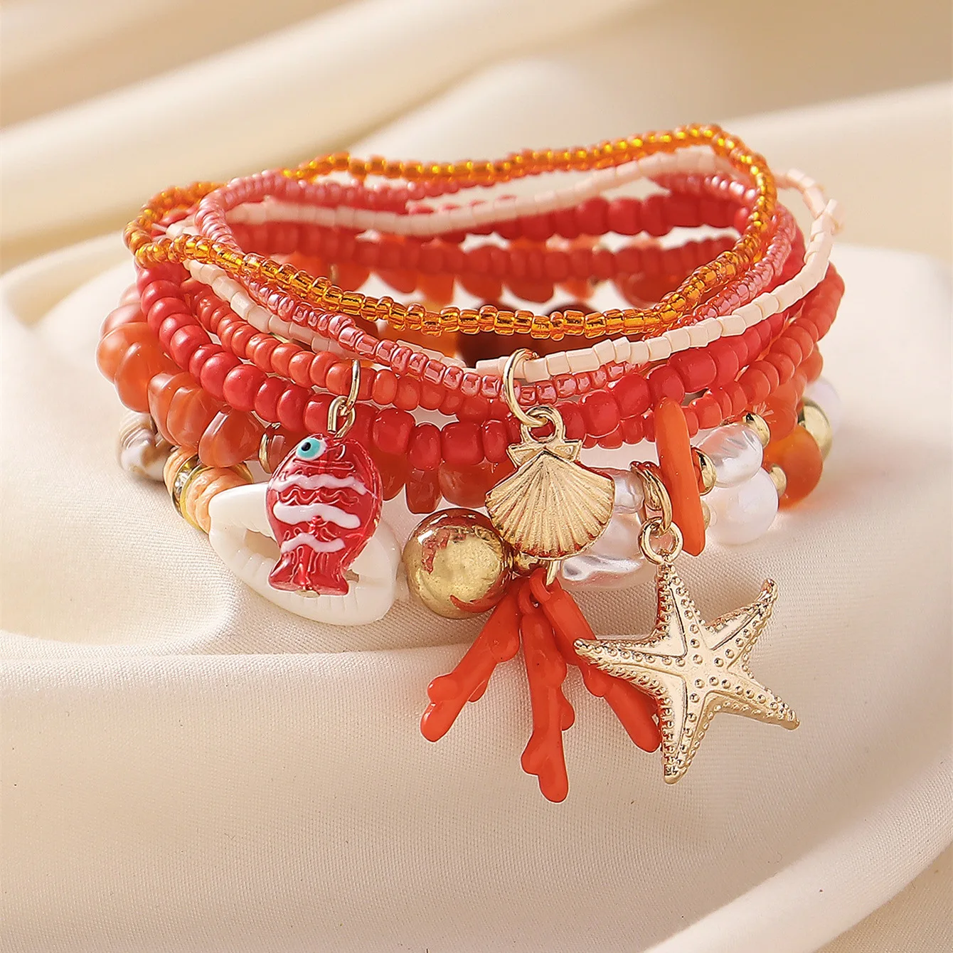 

Bohemian Stacked Bracelet Cute Reef Fish Starfish Pendant Ladies Beach Vacation Accessories