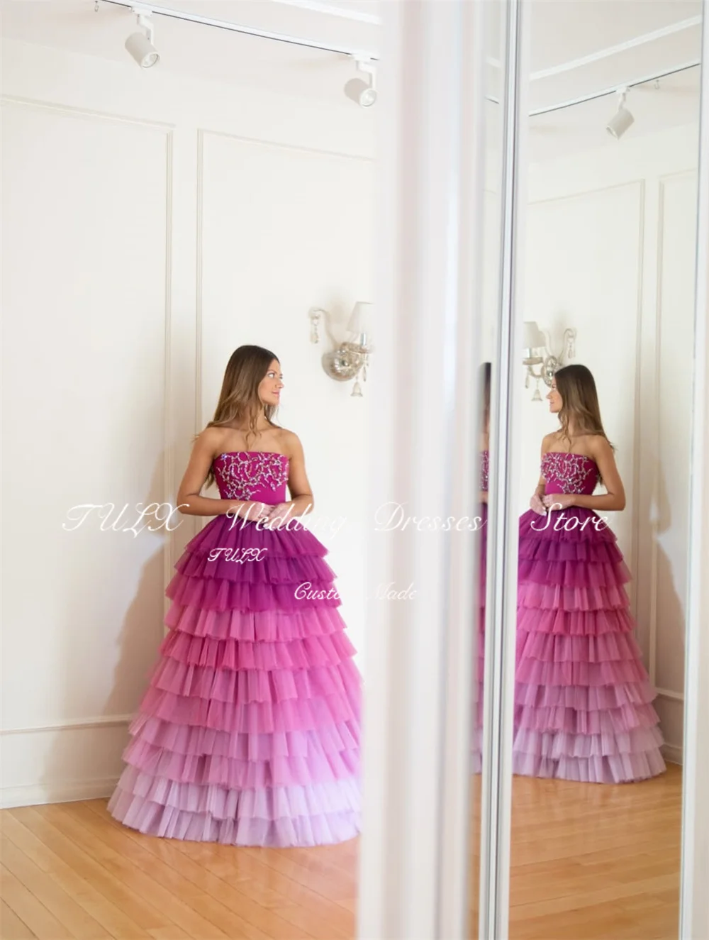 TULX luxe Tulle dégradé violet robes de bal sans bretelles perles robes de soirée une ligne longue à plusieurs niveaux robe de soirée formelle personnalisée