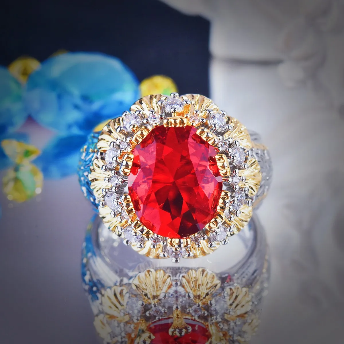 S925 Sterling Silver Retro Brushed Weave Engraved Gold Craft Rupee Ruby Ring Medium Antique Two Color Gold Crown Ring