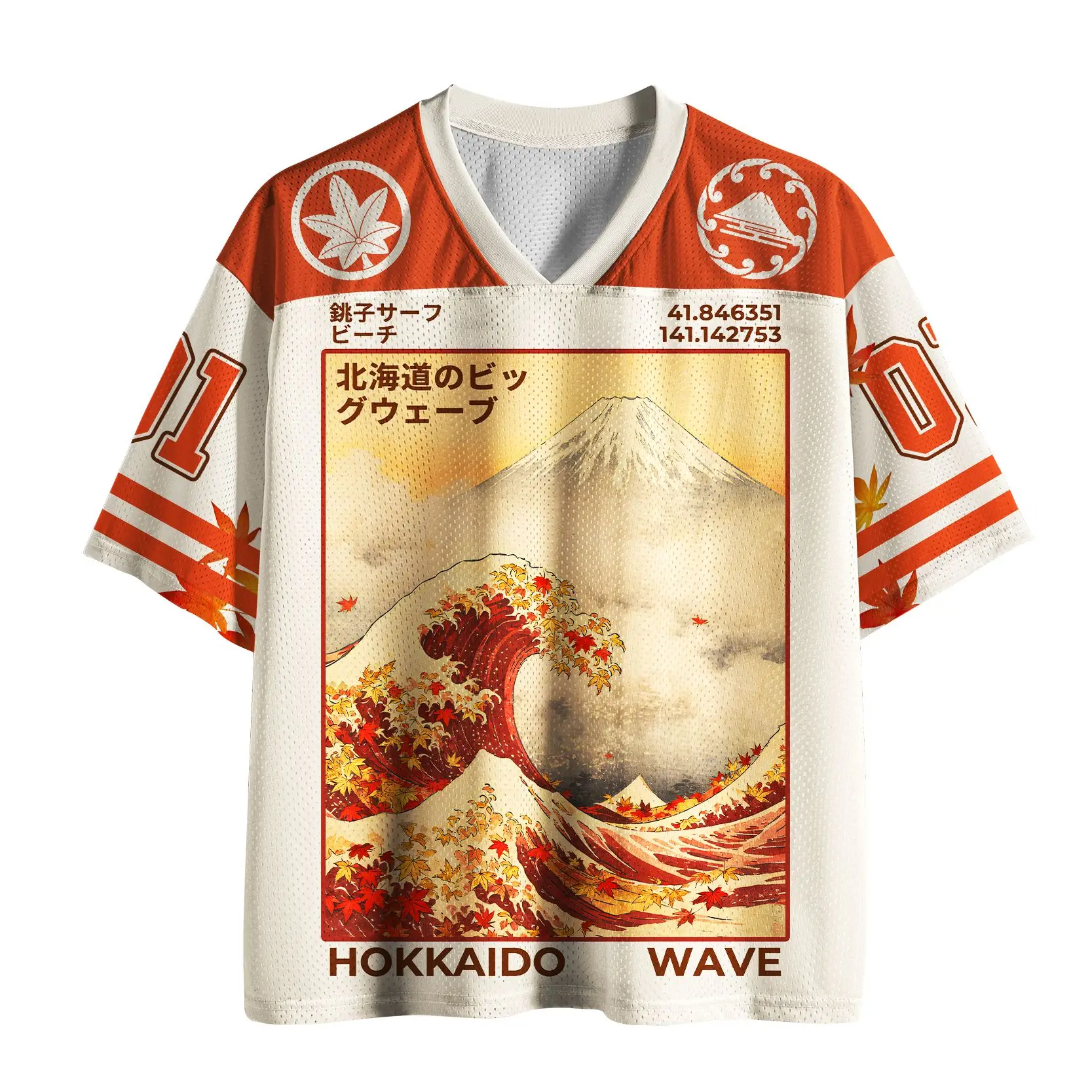 Camiseta deportiva de malla con estampado de arte japonés de hoja de arce, diseño Ukiyo-e de la montaña Fuji y olas de Hokkaido, estilo oversize y cuello en V, ideal para streetwear.