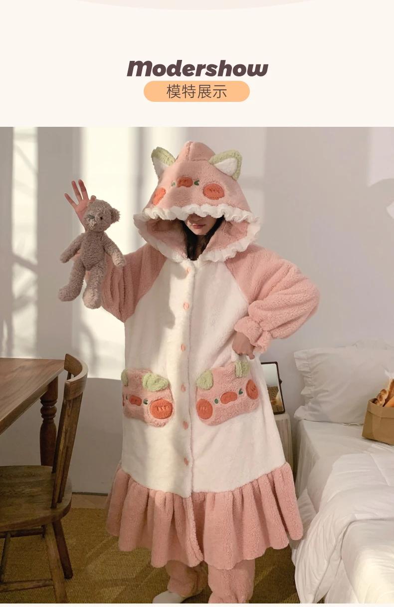 Pajamas Women\'s Autumn and Winter Thickened Warm Simple Cartoon Cute Loose Coral Fleece plus Velvet Bathrobe Hooded Tracksuit1Pc