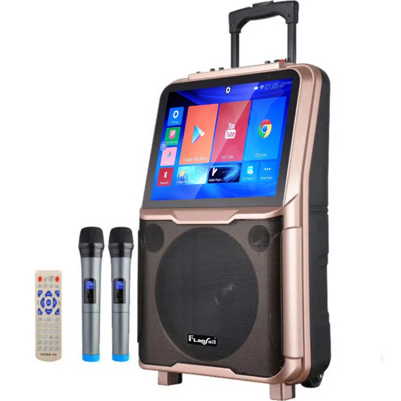 oem 2023 new trend screen videoke karaoke system portable audio player hifi Boombox Speakers machine with wireless microphone