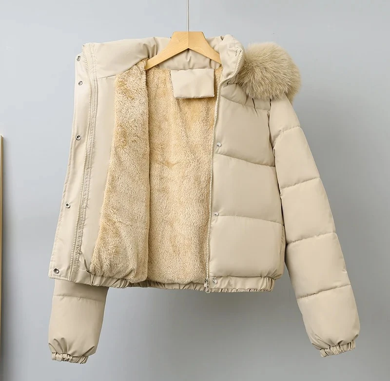 

Winter Short Women's Cotton-padded Clothes Add Velvet Thicken Outerwear Fur Collar Removable Hooded Coats Warm Jackets