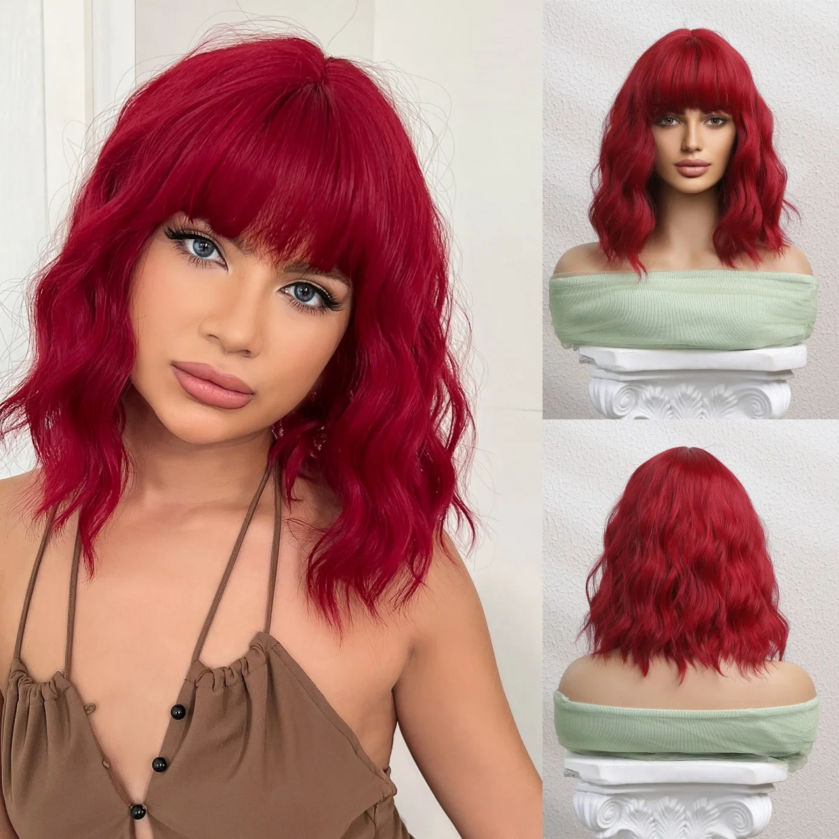 

Wine Red Curly Short Bob Wig Heat Resistant Synthetic Wavy Lolita Cosplay Hair with Bangs Natural Daily Party Wig for Women