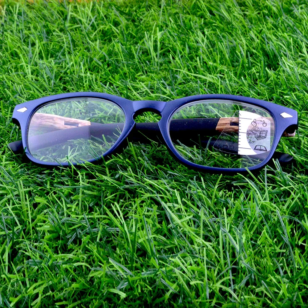 Handcraft Wood Grain Square Blue Frame Men Progressive Multifocal Limited Reading Glasses +0.75 to +4