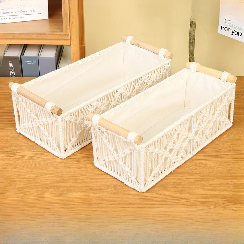 Bohemian Style Storage Containers Cotton Rope Hand Woven Rectangle Desktop Sundries Storage Basket Make Up Organizer