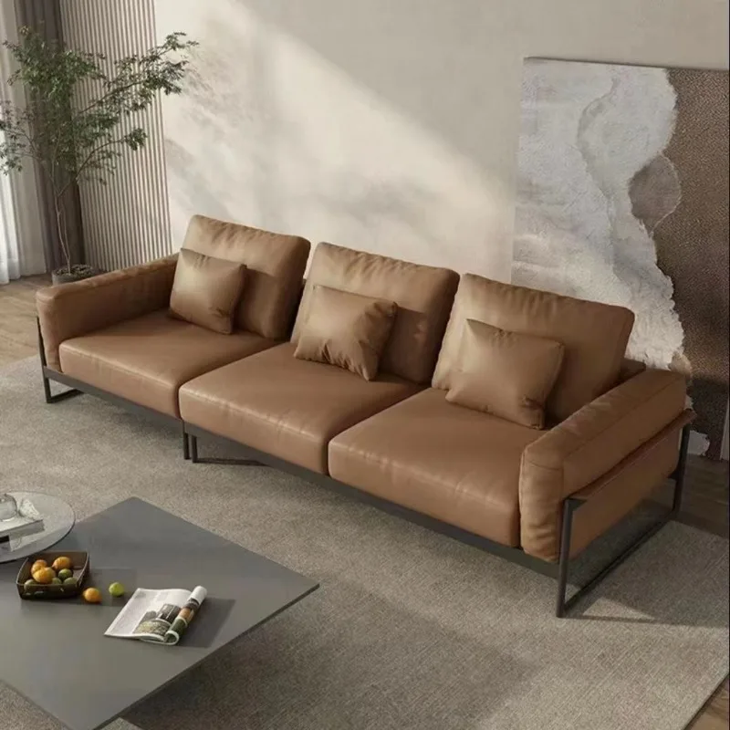 Italian minimalist leather sofa cowhide small apartment living room modern simple wrought iron inline three-seater sofa combinat