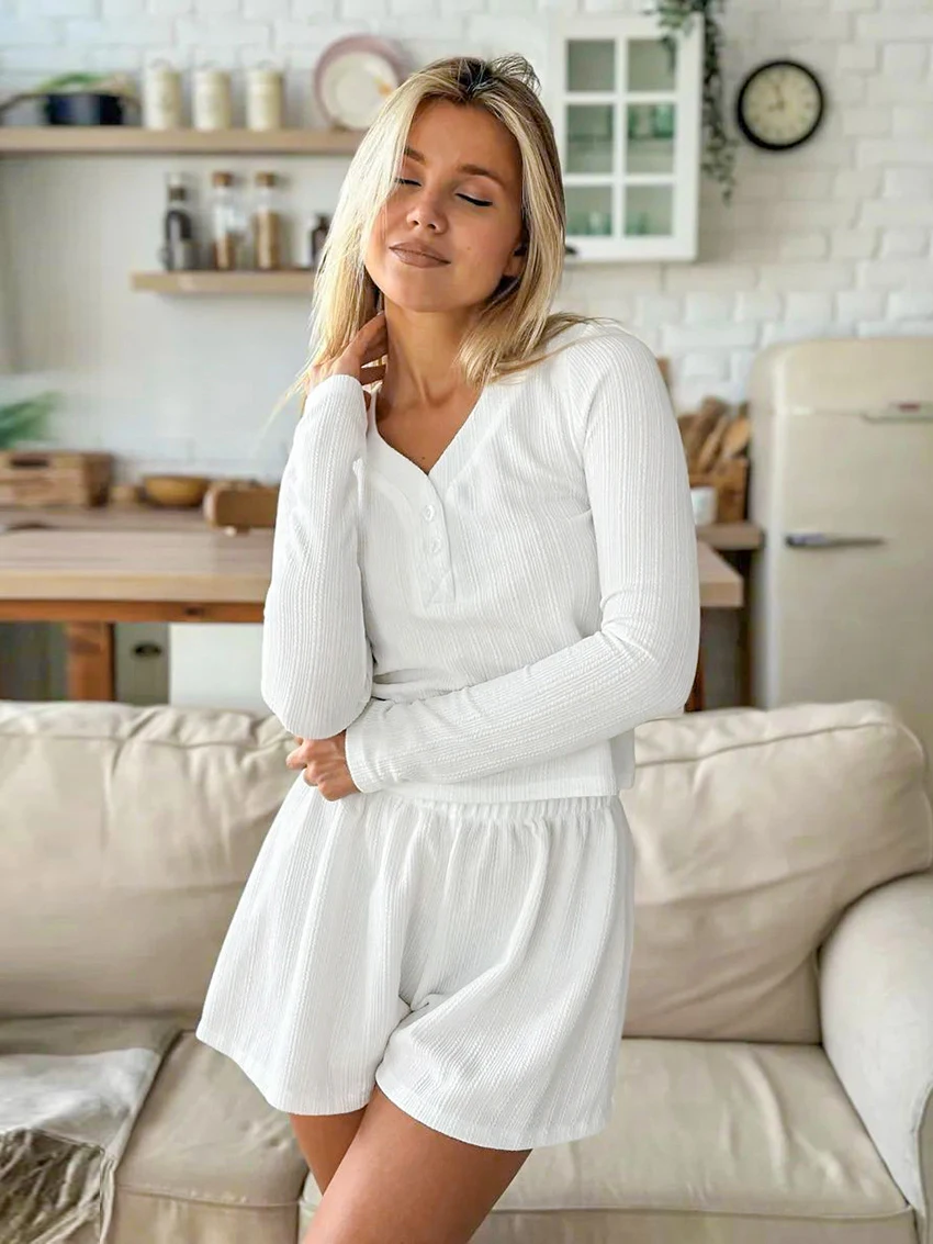 Marthaqiqi Knitted Home Clothes Ladies V-Neck Sleepwear Long Sleeve Nightgown Crop Top Nightwear Shorts Casual Female Pajama Set