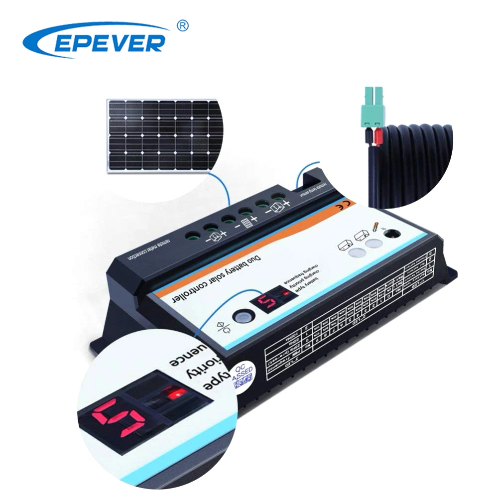 EPever 20A Dual Battery Solar Charge Controller 12V 24V Auto Solar Regulators Two Solar System Fit for RV System DB-20A