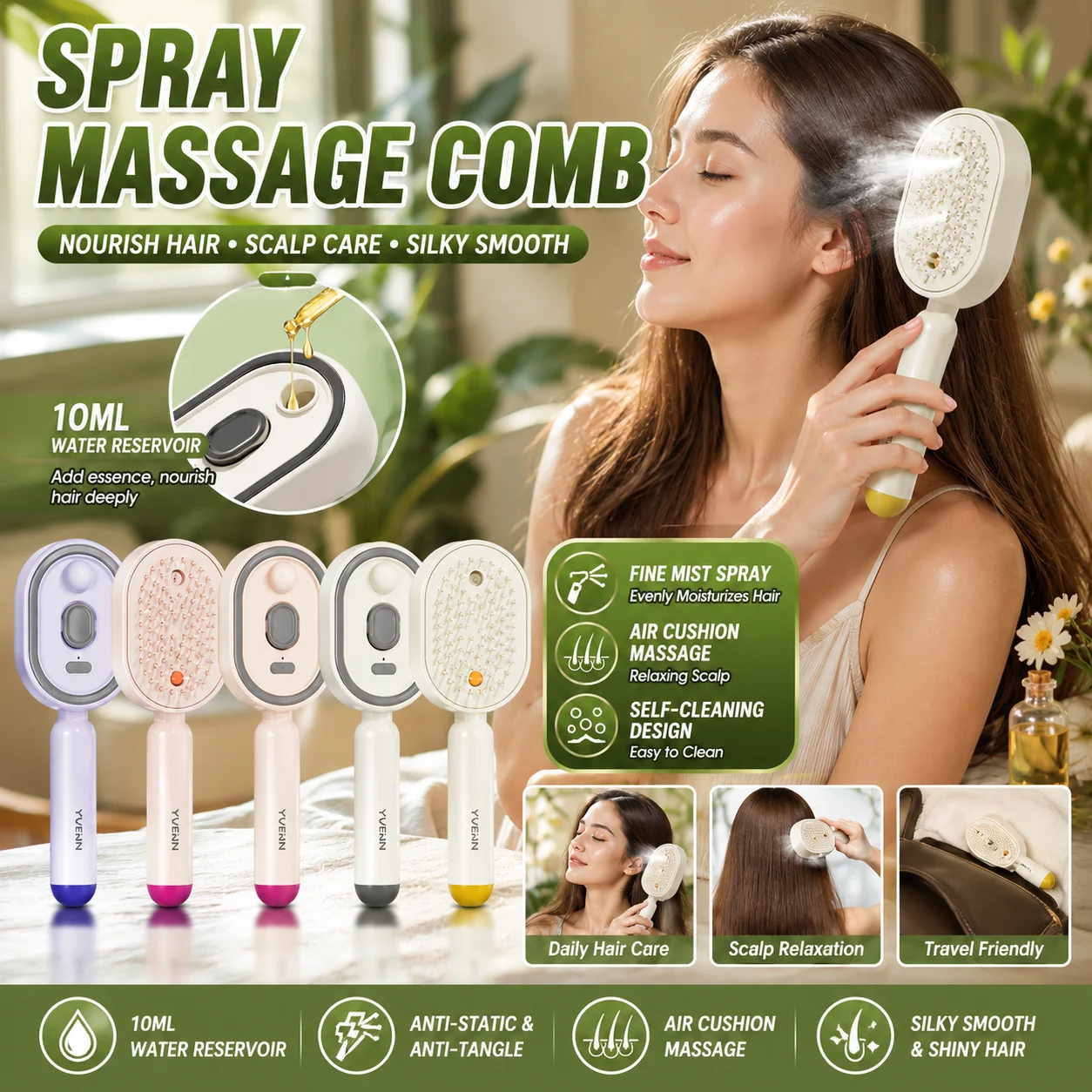 

Multi Functional Spray Massage Hair Comb Detangling Brush With Sprayer And Red Light Therapy For Scalp Massage Daily Hair Care