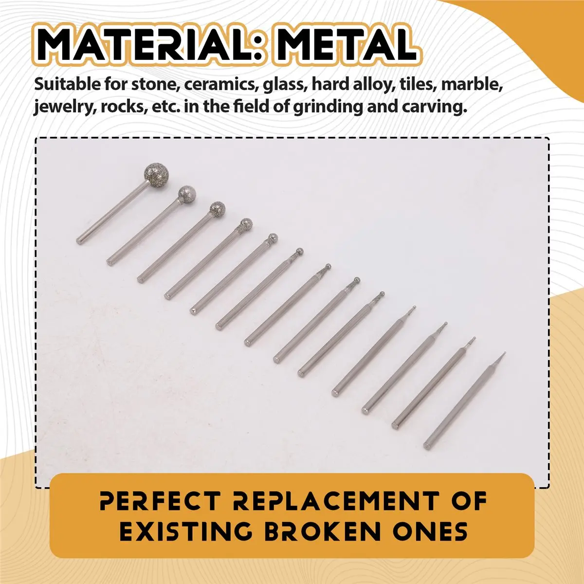 #70I 13Pcs Ball Shape Diamond Burr with 3/32 inch Mandrel for Rotary Tools,diamond bits for tool,(Metal)