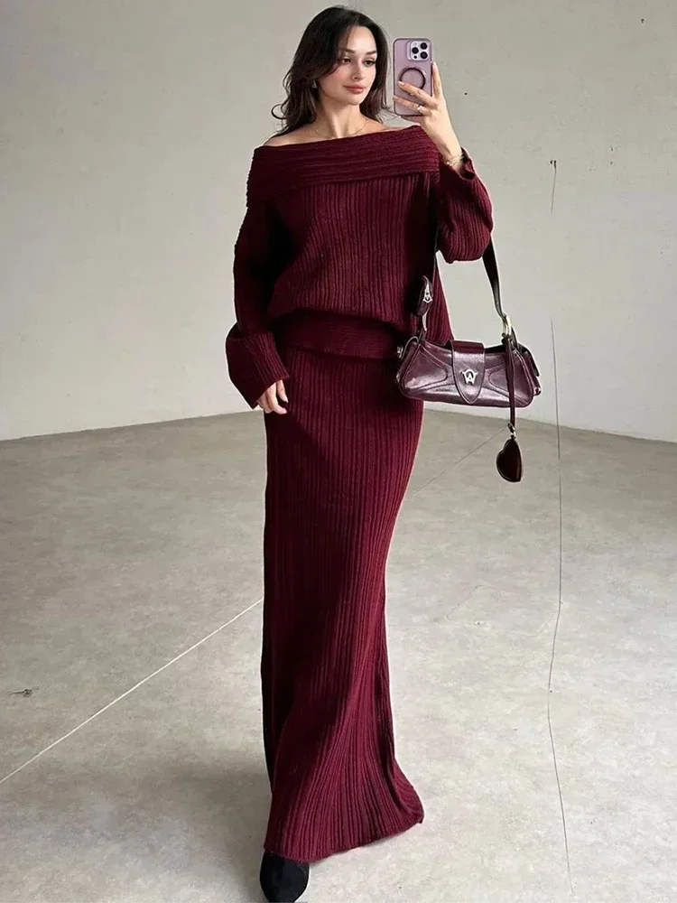 Trendix Knit Skirt And Pullover Sets Women 2024 Winter Knitwear Long Sleeve Burgundy Sweater High Waist Elegant Long Skirt Suits