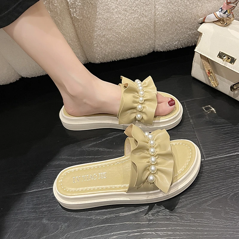 Shoes Woman 2024 Slippers Casual Med Pantofle String Bead Shale Female Beach Platform Luxury Summer New Sabot Soft Flat Slides