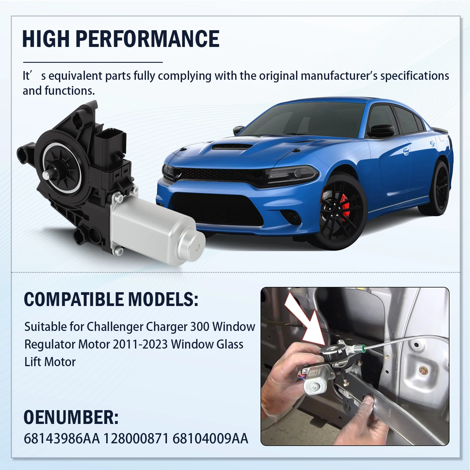 

Передний левый/правый двигатель стеклоподъемника 68104009AA для Dodge Charger 2011-2023 300 2011-2023 128000872 128000871