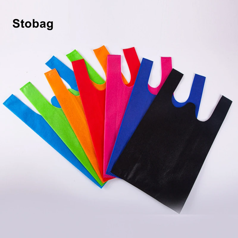 

StoBag 50pcs Non-woven Shopping Tote Cloth Bags Handbag Color Eco-friendly Storage Reusable Large Pouches Custom Logo(Extra Fee)