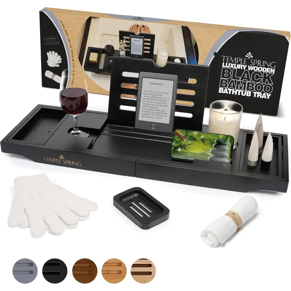 

Wooden Bathtub Tray, Bamboo Bath Caddy for Tub Spa Essentials, Black