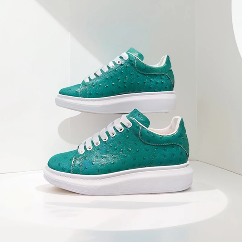 

Green Platform Sneakers Men Cow Leather Round Toe Peacock Pattern Low-Top Lace Up Women Casual Shoes Luxe Flats Handmade Lovers