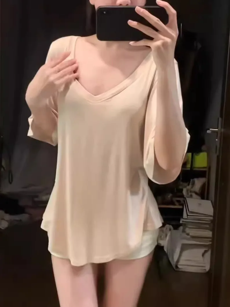 plus Size  Color V-Neck Casual Loose Short Sleeve T-Shirt Women Summer Slimming Mid-Length Butt Covering Top