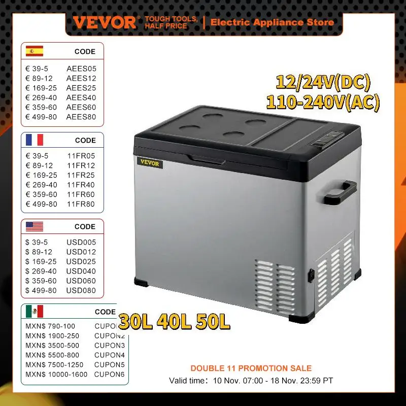 VEVOR 30L 40L 50L Mini Car Refrigerator Portable Fridge Freezer 12/24V DC 110-240 AC for Outdoors RV Boat Camping Traveling Use