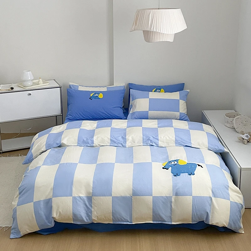 Bedding Set Ins Ambiance Blue Grid Polka dot Mixed With Washed Cotton Minimalist Four Piece Set Fitted Sheets Duvet Cover