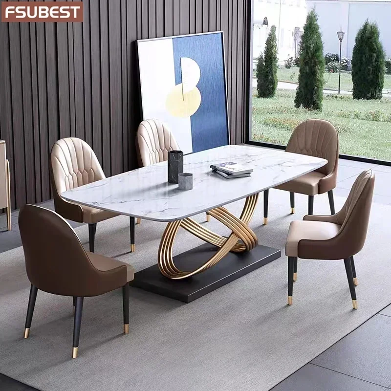 Designer Luxury Dinner Marble Rock Slab Dining Table Set 6 Chairs Mesa Tavoli Furniture Comedor Marbre Stainless Steel Gold Base