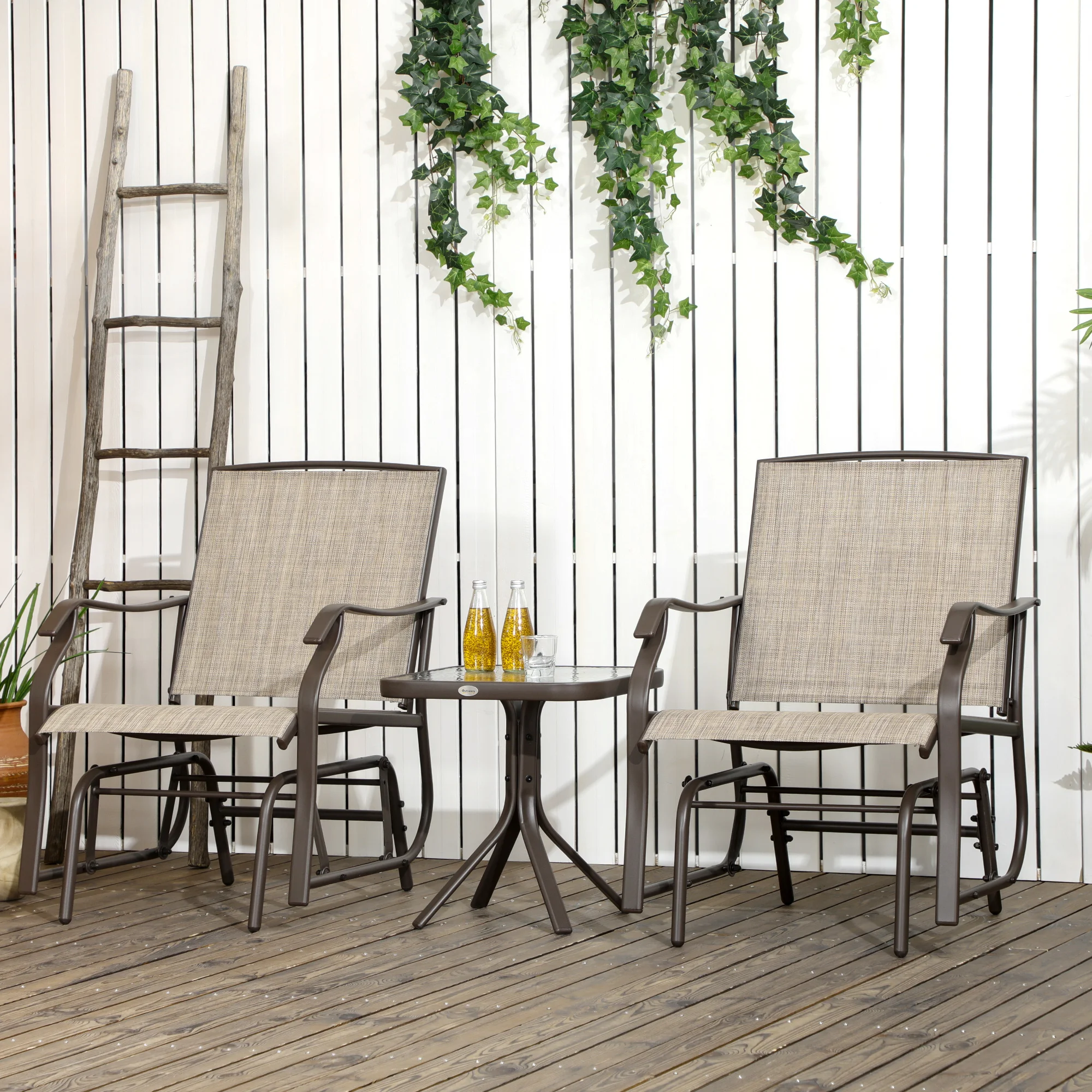 3 Piece Outdoor Glider Chair with Coffee Table Bistro Set, 2 Patio Rocking Swing Chairs with Breathable Sling Fabric