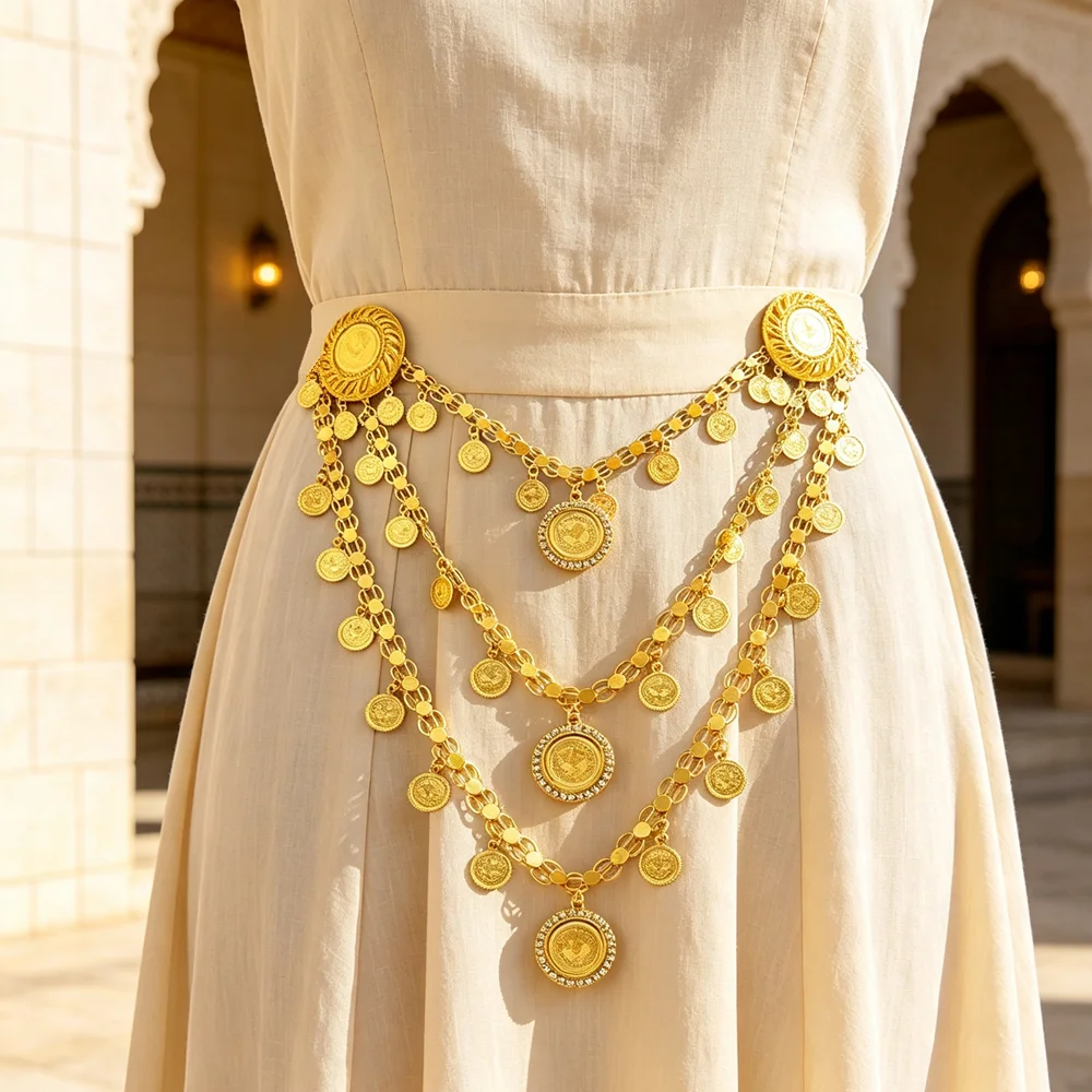 Ladies Multi‑Tier Gold Coin Waist Chain Sparkling Rhinestone Medallion Pendant Body Belt For Party Wedding Wear