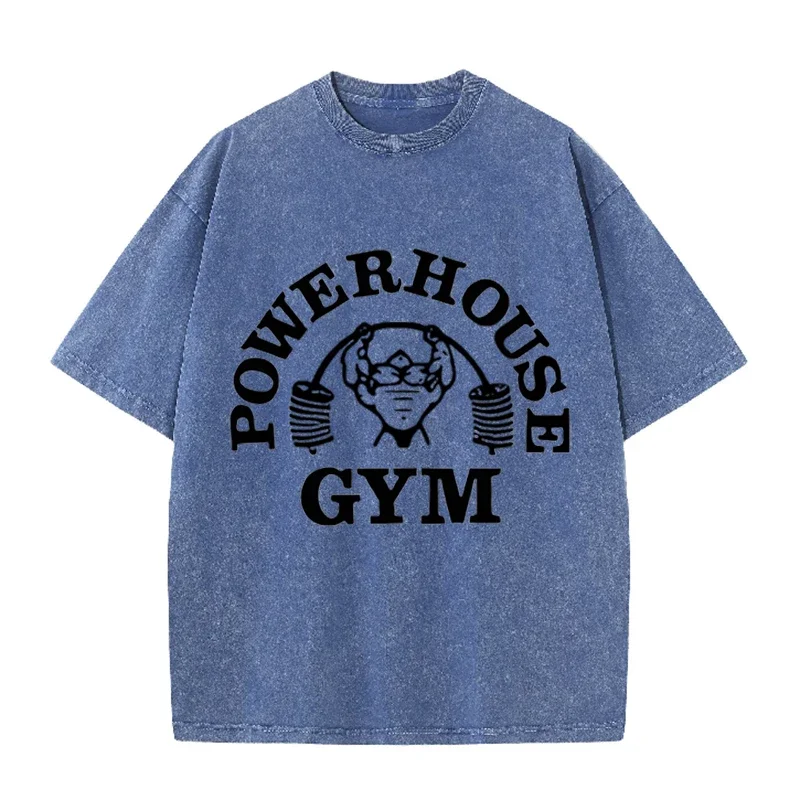 Powerhouse Gym Fitness Print Vintage Washed T-Shirt Gym Workout Casual Tee – Detail 9