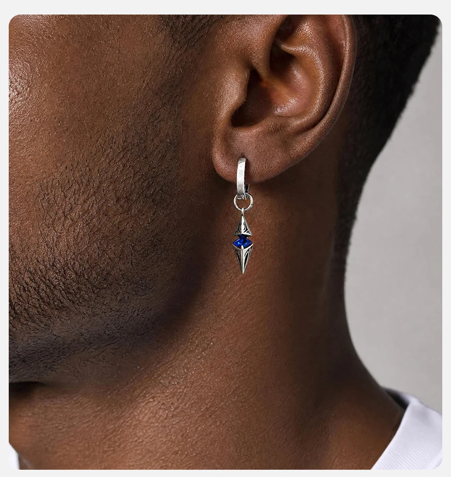 Vnox Herren Spike Dangle Huggie Hoop Ohrringe, Edelstahl Blauer Kristall Glücksbringer Kegel-Anhänger Ohrschmuck für Punk Männer Geschenk – Detail 2