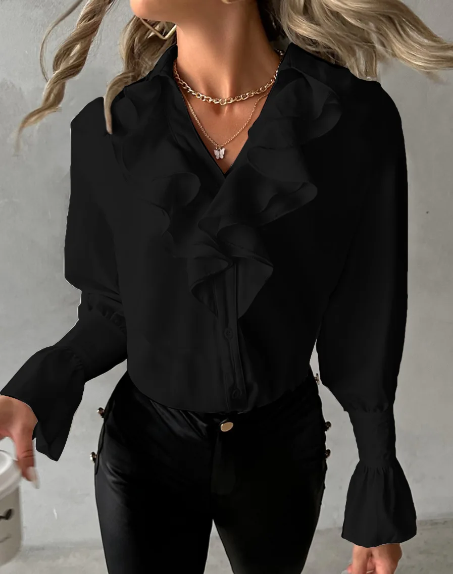 Ruffle edge long sleeved V-neck solid color women\'s shirt shirt shirt, professionally designed to showcase professional charm