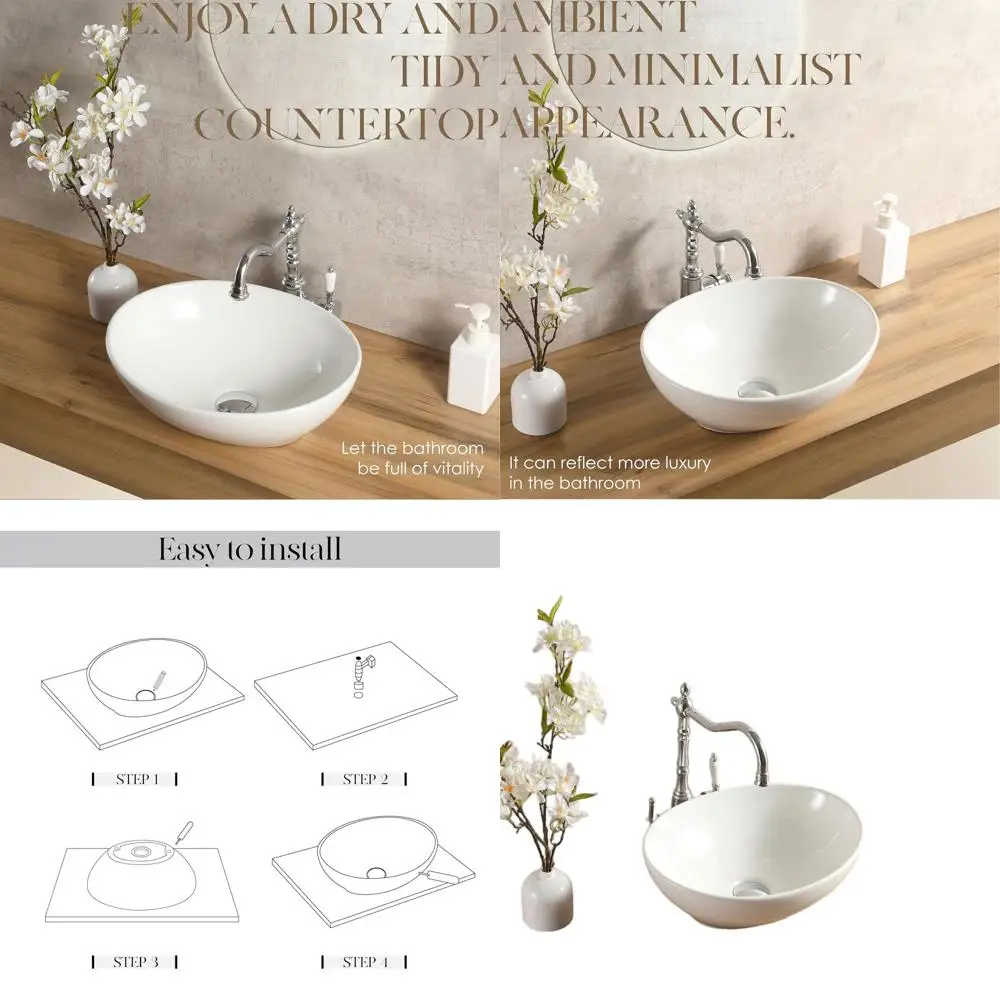 Elegant White Oval Porcelain Sink Bowl, 16x13 Inches, Countertop Mount, Egg-Shaped Design