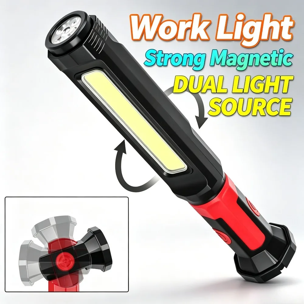 New Super Bright COB Strip 2‑in‑1 Flashlight Magnetic White Red Light Torch for Auto Repair Daily Workshop Inspection