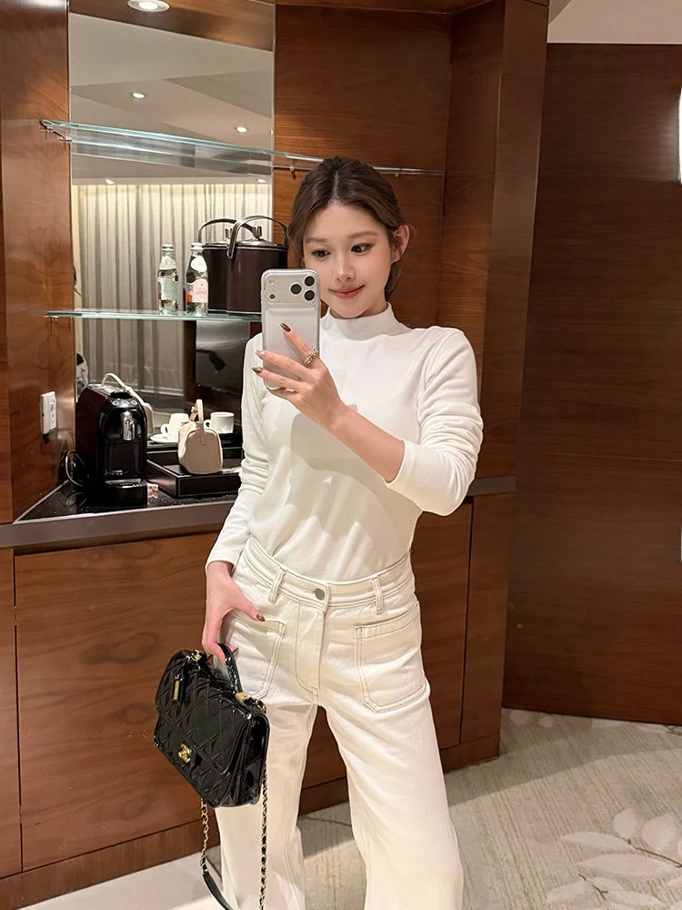 

Высококачественная женская футболка с длинным рукавом из австралийского флиса, с высоким воротником, приталенного кроя, Cleanfit, для осеннего сезона