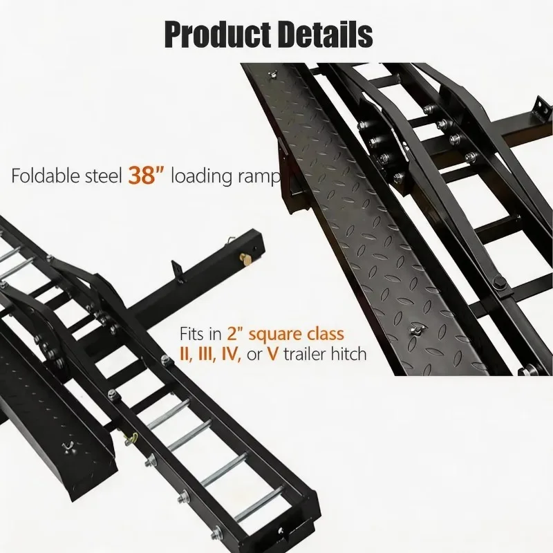 【2026】Hitch Mount Motorcycle Carrier Rack 500LBS Black Steel Foldable Bike Carrier With Loading Ramp Scooter Rear Tow Hitch SUV