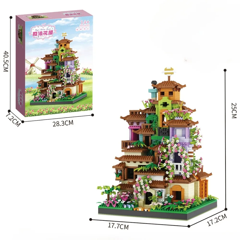 Décennie s de construction de maison de château magique Sakura, modèle d'architecture de vue de rue de ville, mini briques, jouet pour enfant, cadeaux de Noël pour adultes