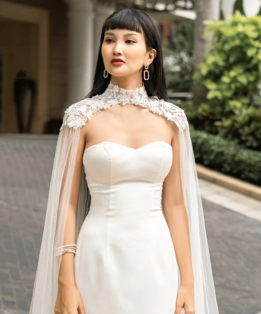 Tule lange hoge hals bruiloft Cape kant jas wrap wit ivoor vrouwen bruids accessoires aangepaste kant stoffen
