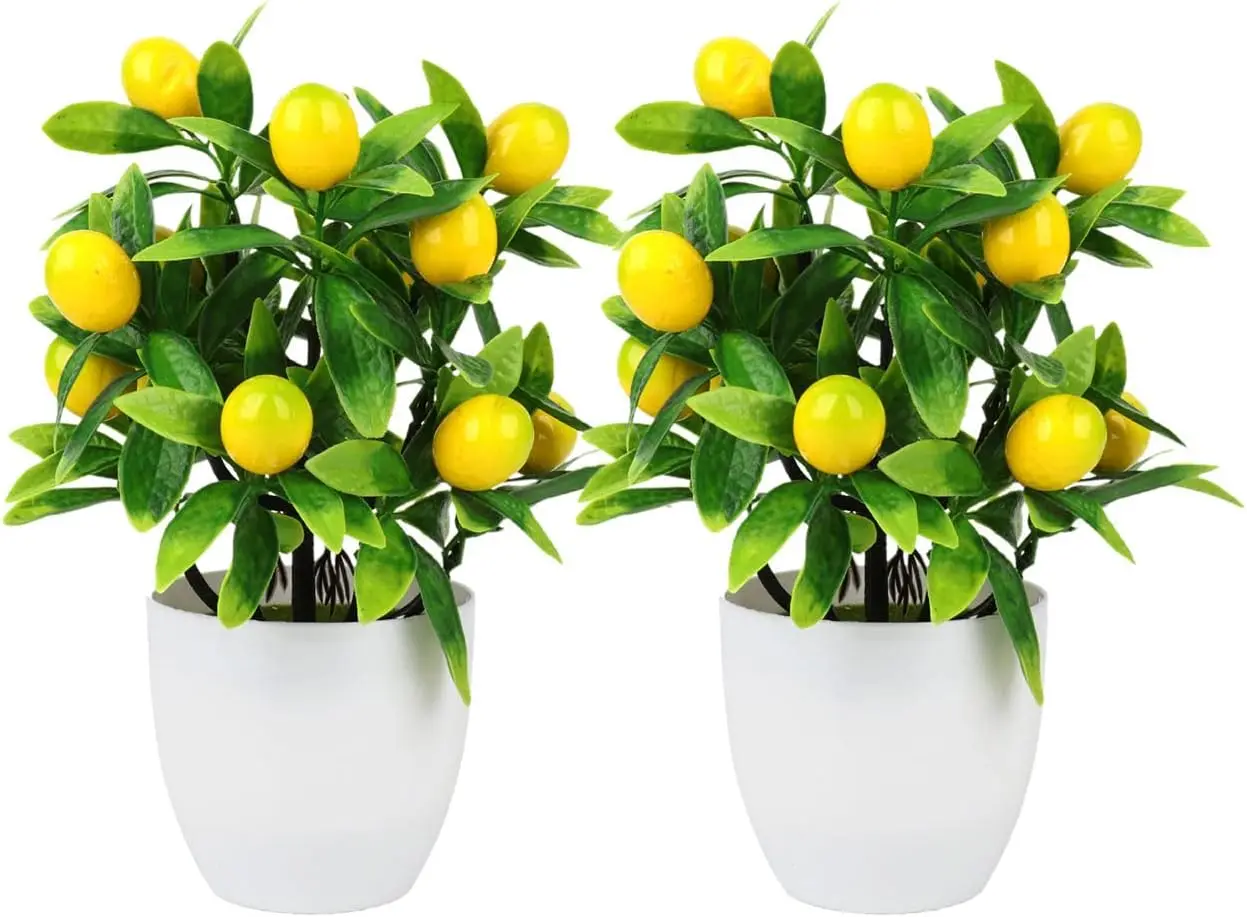 2 Pcs Artificial Lemon Tree Plant Decor, 9.45In Fake Green Pot Plants Flowers Ornaments Mini Potted Fruit Stems Decor in for  Of