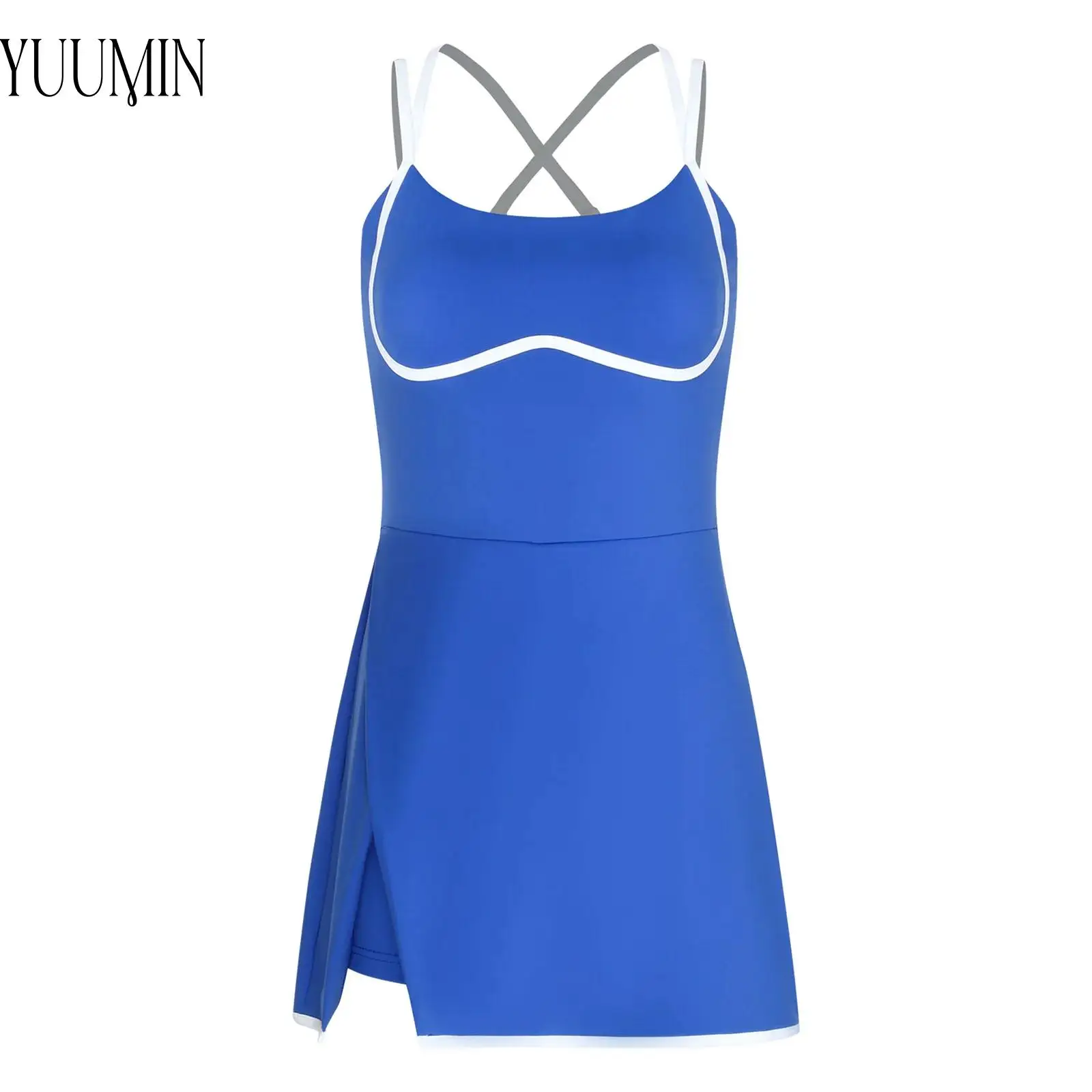 

Womens Side Split Workout Tennis Dress Sportswear Sleeveless Adjustable Spaghetti Straps Golf Dress with Built-in Bra And Shorts