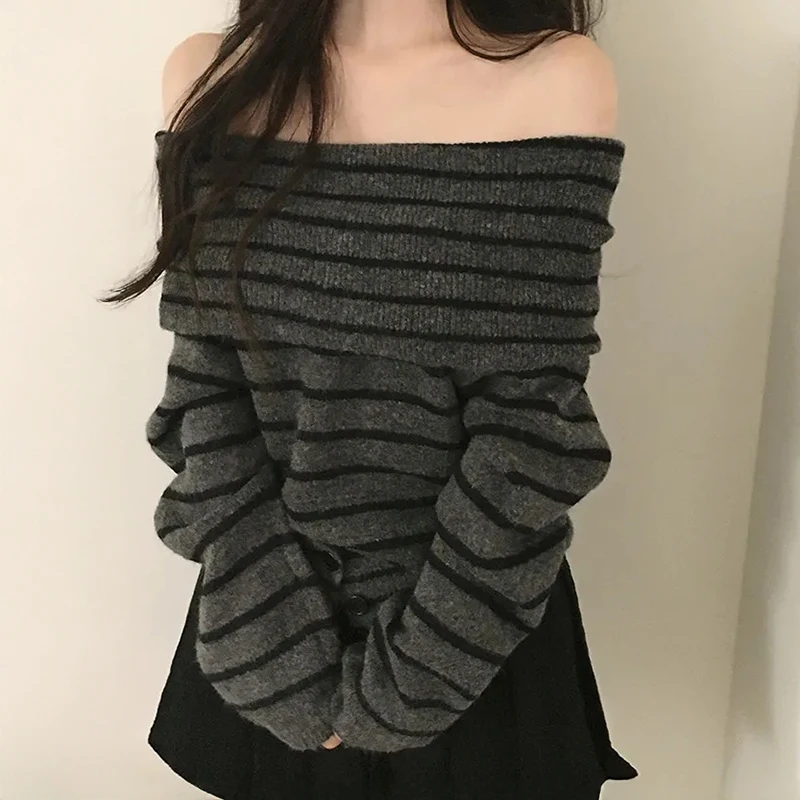 Schulterfreier Pullover, langärmeliges Strickoberteil mit Knöpfen und offenen Schultern, schulterfreie Pullover, elegante Mode, Herbst und Winter