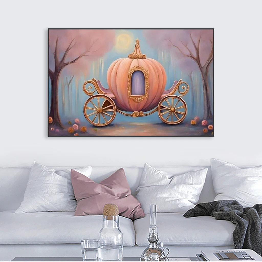 Disney Princess Story Wall Art Poster Cinderella Carriage Cartoon Modern Print Pink Girl Bedroom Art Canvas Painting Home Decor