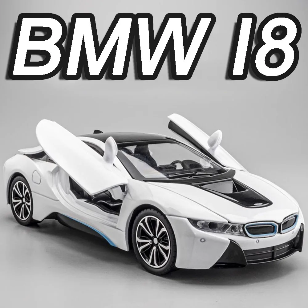 

1:22 BMW I8 из сплава, литая под давлением модель спортивного автомобиля, игрушки, звуковой свет, двери, открытые резиновые шины, суперкары, праздничные подарки для детей