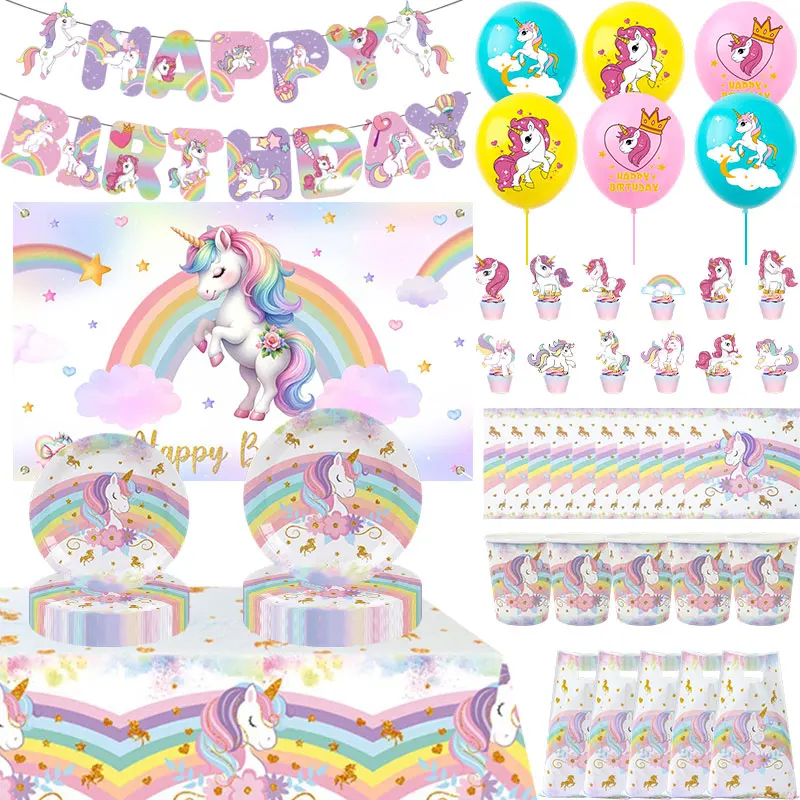 Ensemble de décoration d'anniversaire Licorne pour fille : Gobelets, assiettes, ballons, bannière Joyeux Anniversaire, décoration de gâteau, toile de fond et fournitures de fête pour baby shower
