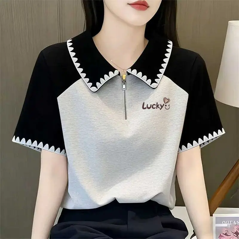 

Short-Sleeved T-Shirt Women's 2026 Summer New Fashion Coat Contrast Color Bright Line Jacket Plus Size Ladies Western-style Tops