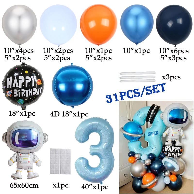 31pcs Astronaut Outer Space Theme Navy Blue Metallic Sliver Balloons 1 2 3 4 5 6 7 8 9 Years Boys Birthday Universe Party Decor